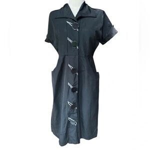 Vintage Black Midi Dress with Button Detail